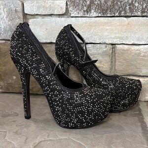 Black Crystal-Embellished Mary Jane Platform Heels